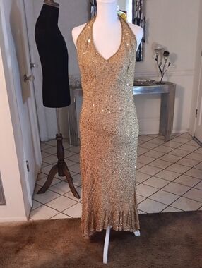 Gold Sequin Halter Maxi Dress - Sparkling Evening Gown